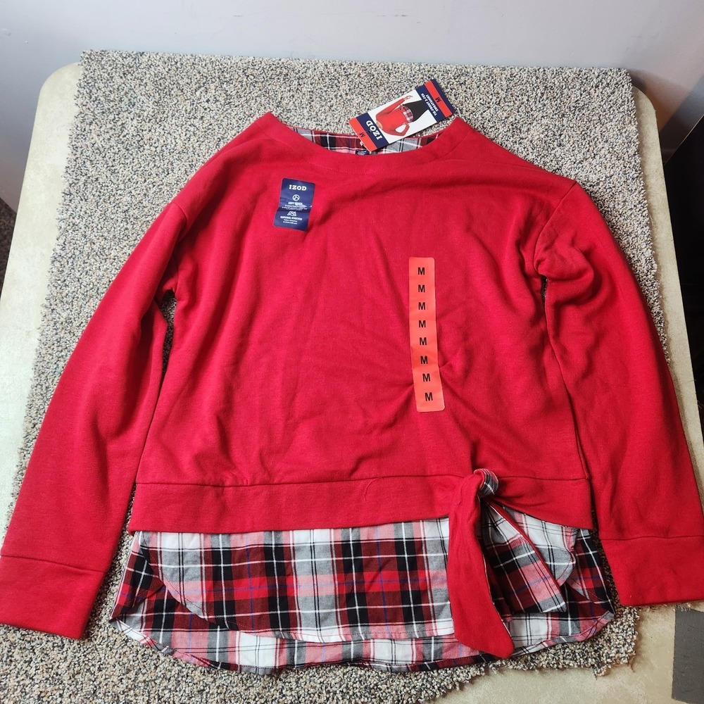 New Izod Womens Red Round Neck Long Sleeve Tie Front Pullover Sweatshirt Sz. Med
